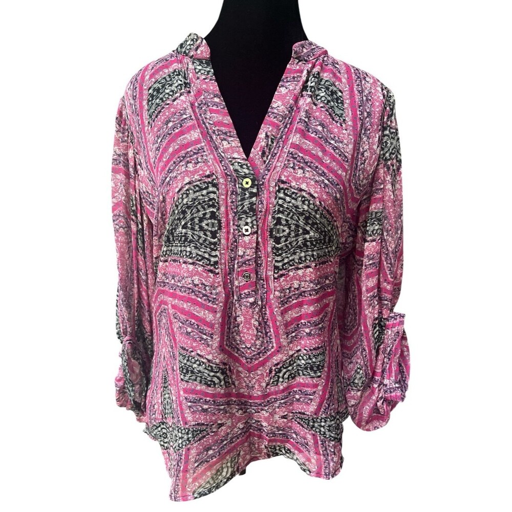 Diane von Furstenberg Silk 3/4Sleeve Top Size 8 Pink Violet Colorful Abstract
